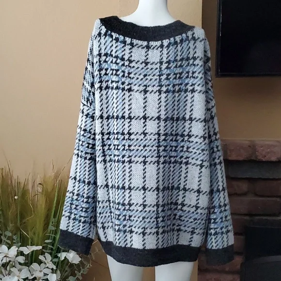 JOSEPH A. Plaid V-Neck Long Sleeve Oversized Sweater SIZE: M - Picture 5 of 9